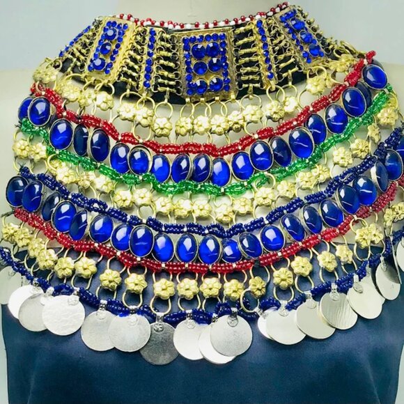 Blue Stone Beads Choker Necklace, Afghan Tribal Choker Necklace, Boho Statement - Picture 3 of 11